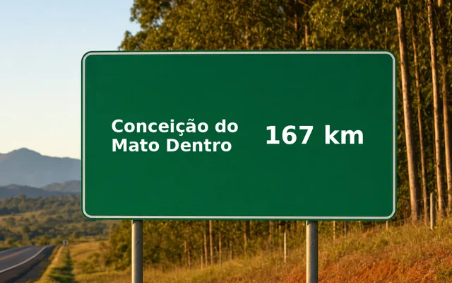 Placa de estrada indicando Conceição do Mato Dentro a 167 km