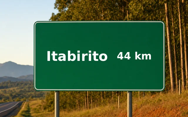 Placa de estrada indicando Itabirito a 44 km
