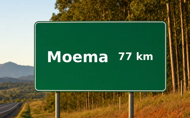 Placa de estrada indicando Moema a 77 km