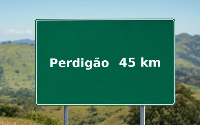 Placa de estrada indicando Perdigão a 45 km