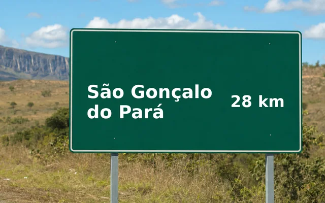 Placa de estrada indicando São Gonçalo do Pará a 28 km